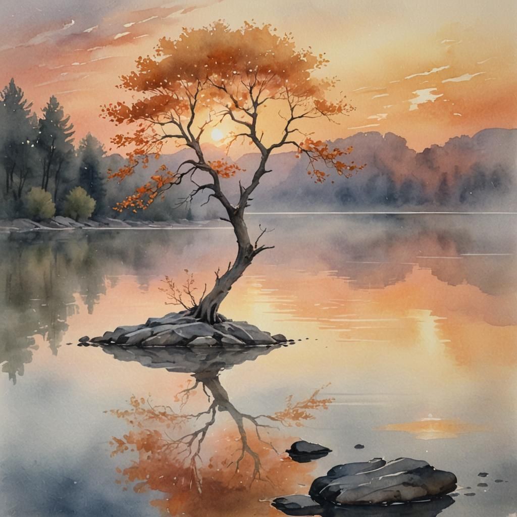 Pistache Tree Reflected in Sunset Lake: Watercolor