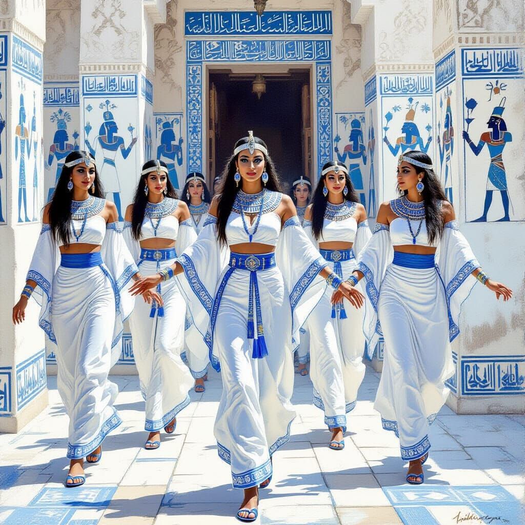 Egyptian Dancers in Temple with Blue Adornments