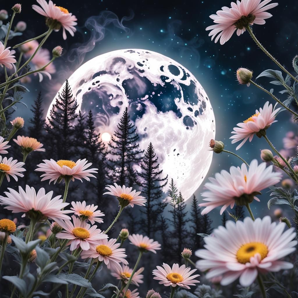 Bright Moon with Pastel Floral Details, Realistic 16k