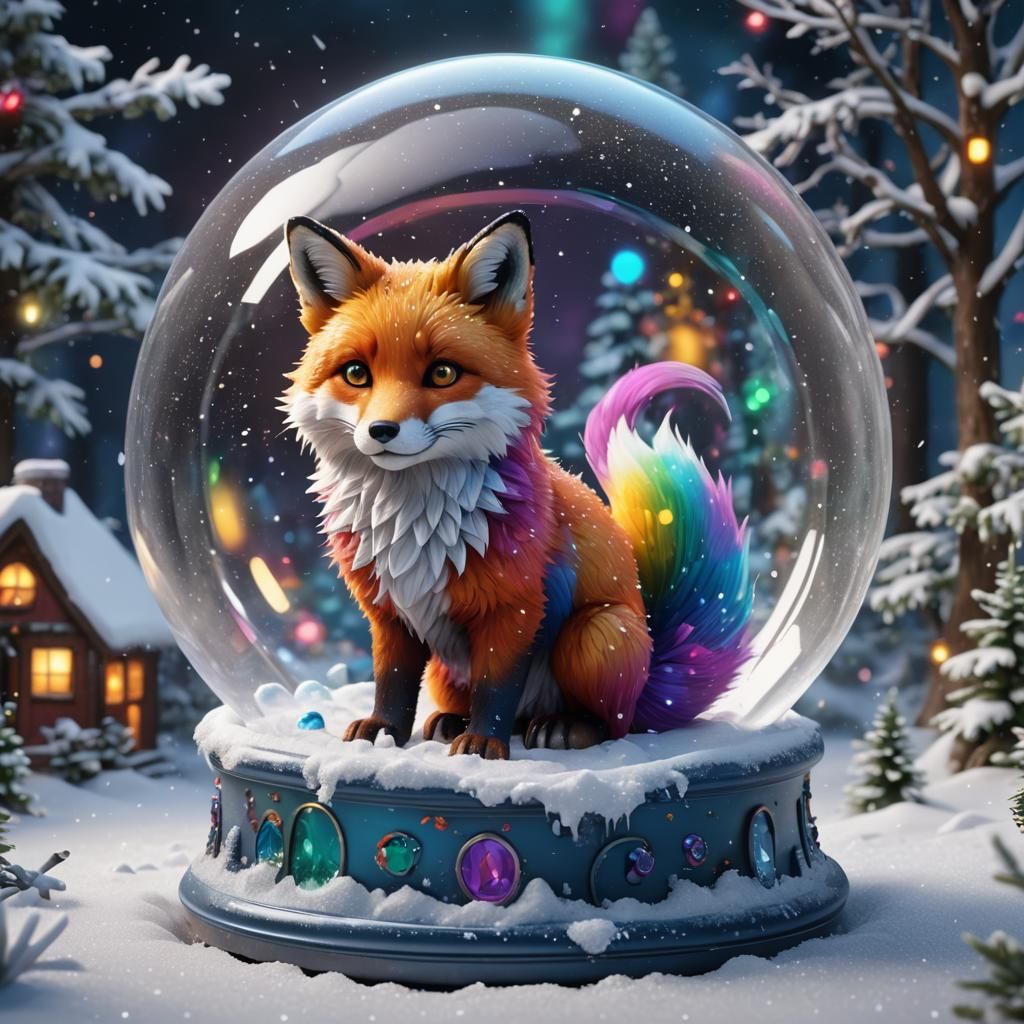 Rainbow Fox in Snow Globe: Detailed Matte Painting