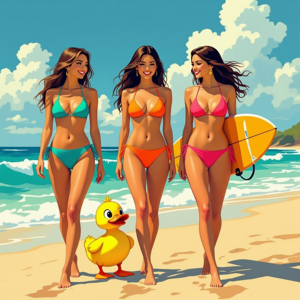 Models and Cartoon Duck on Beach, Realistic Style