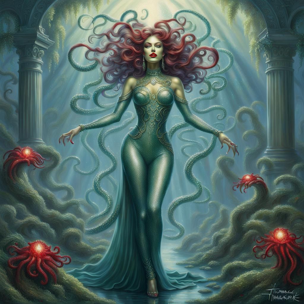 Medusa in Sparkling Jumpsuit: Ethereal Fantasy Art