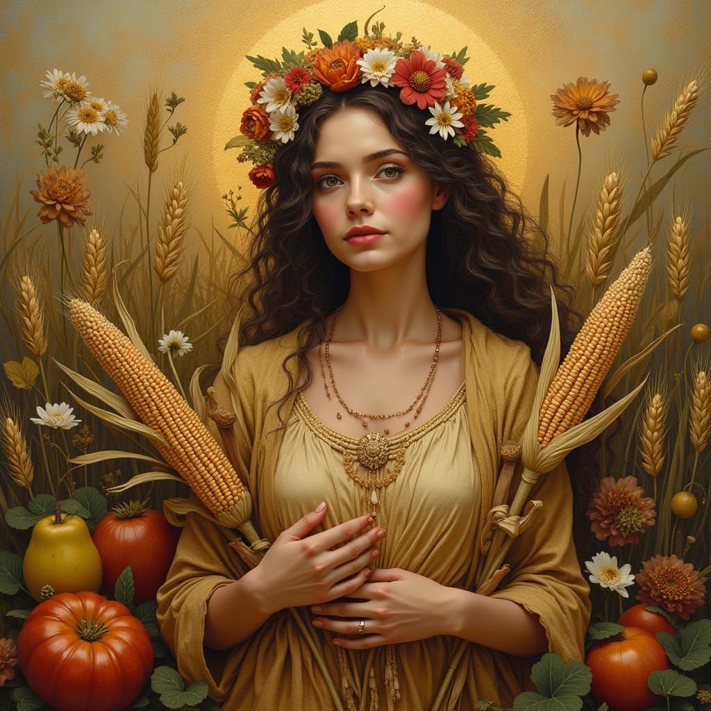 A Harvest Goddess holding maize & wheat & barley, surrounded...