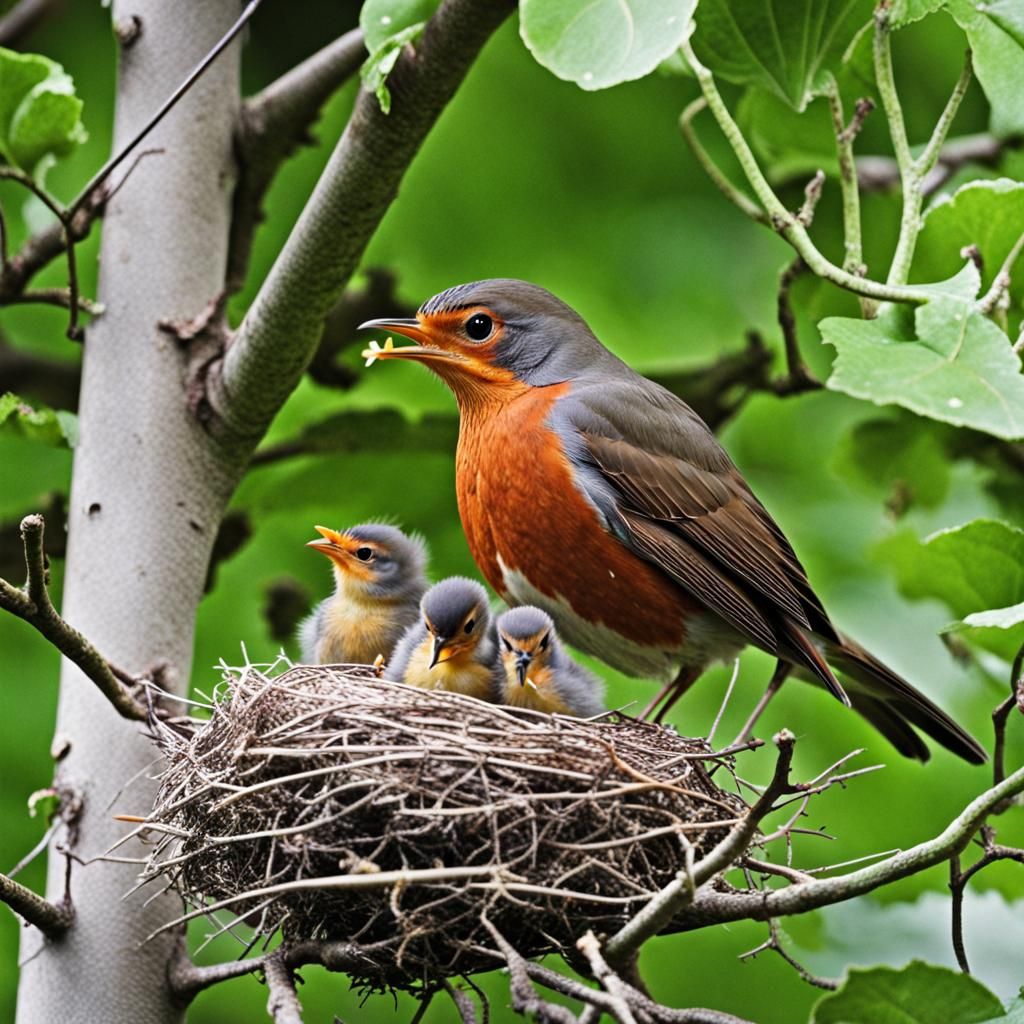 Robin Feeds Chicks in Nest Photograph
