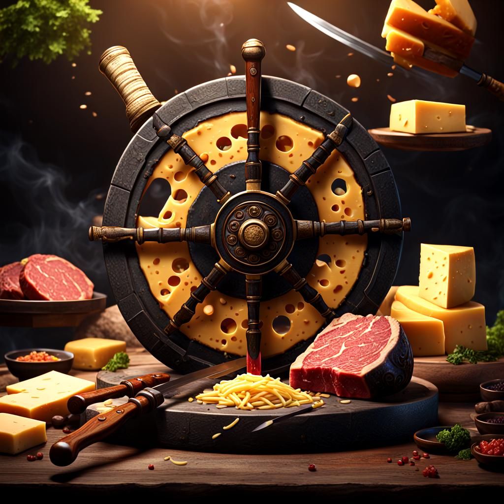 Cheese Wheel Warrior Attacks Steak, Detailed Digital Art