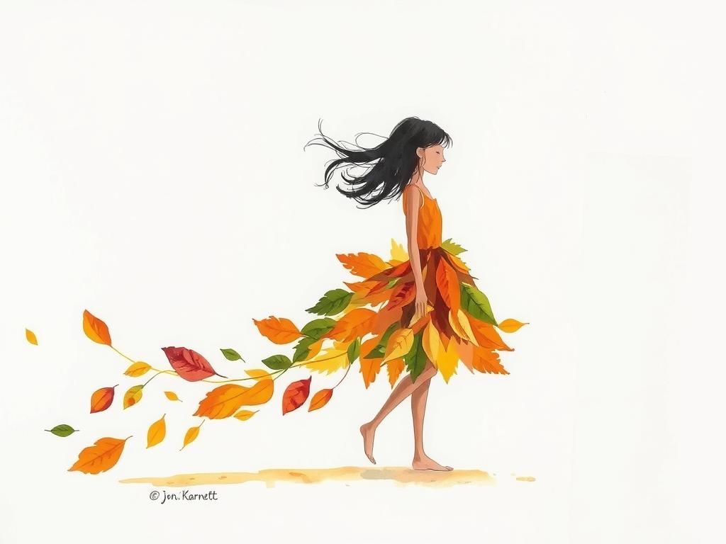 Girl in Autumnal Leaf Dress with Leaf Train