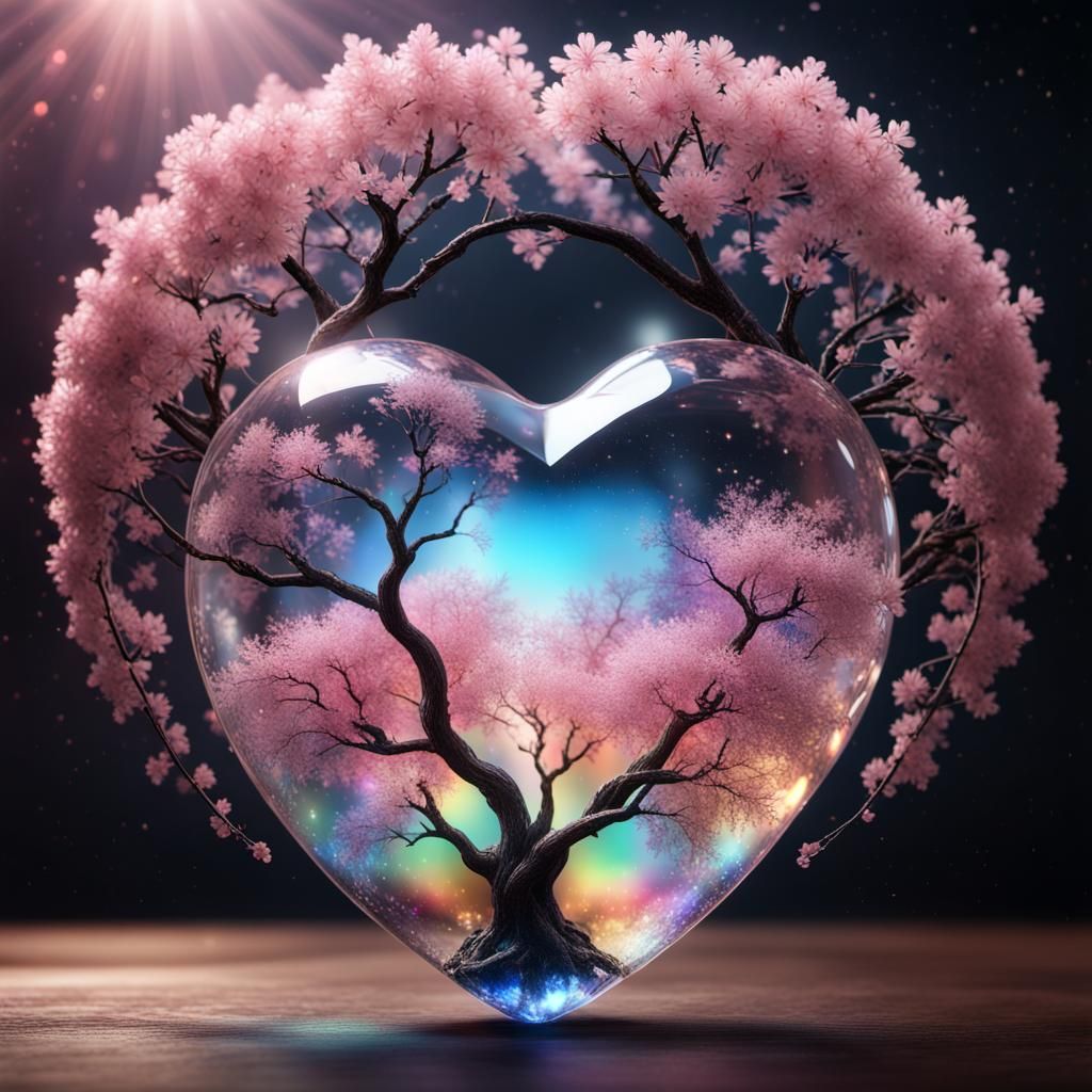 Rainbow Sakura Tree in Crystal Heart, CGI Art
