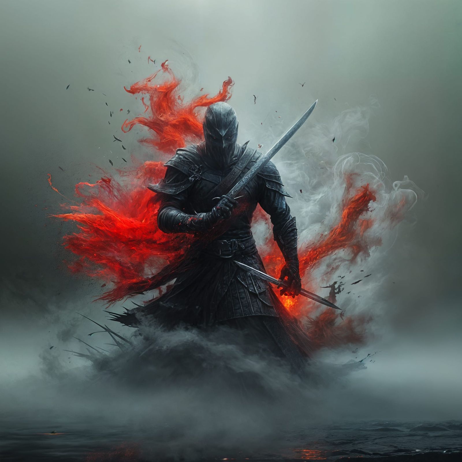 Fierce Warrior Wielding a Sword in Dramatic Light