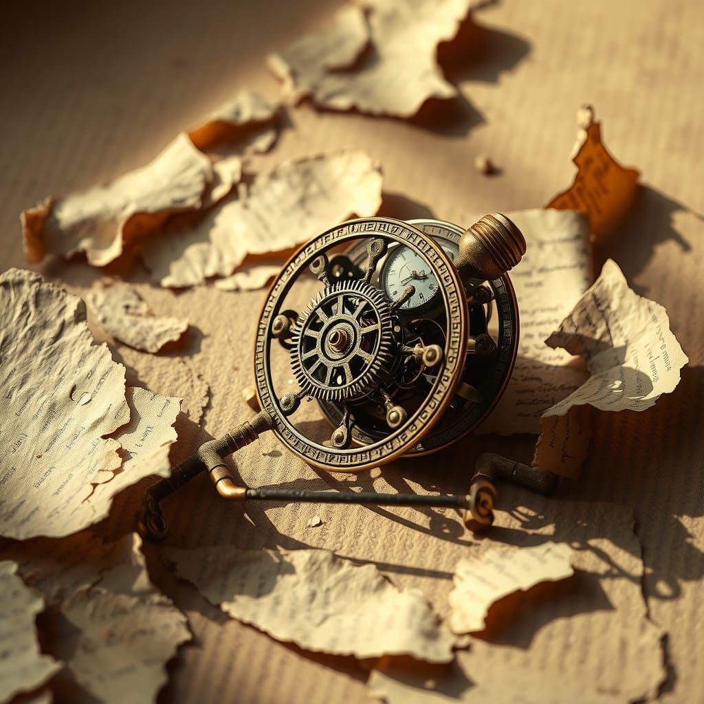 Forgotten Mechanical Marvel Amidst Tattered Paper Fragments