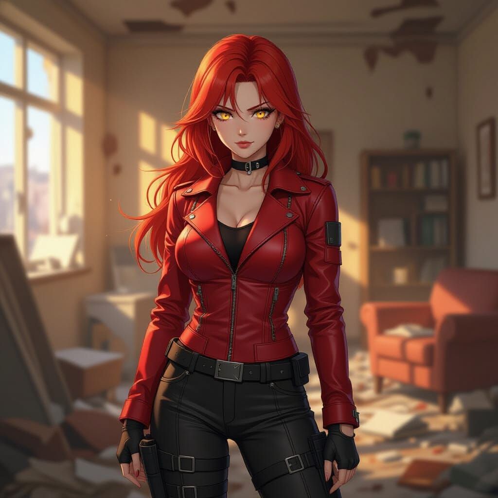 Red-Haired Woman in Destroyed Room, Anime Style