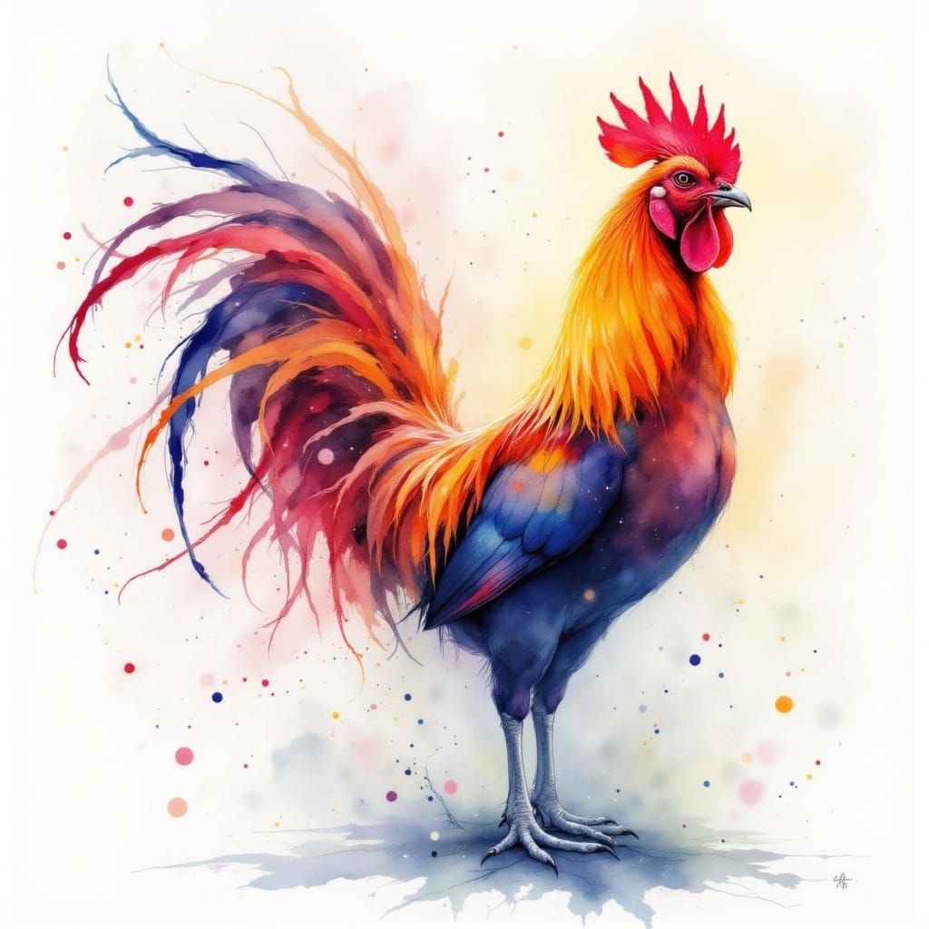 Luminous Watercolor Rooster Crowing at Phantom Sun