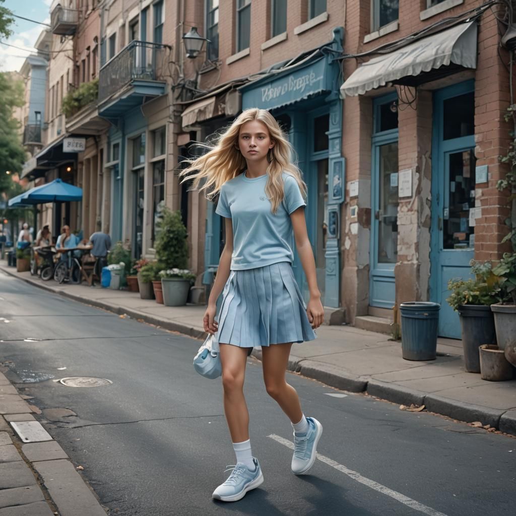 Blonde Girl in Blue Outfit Walking Down Street