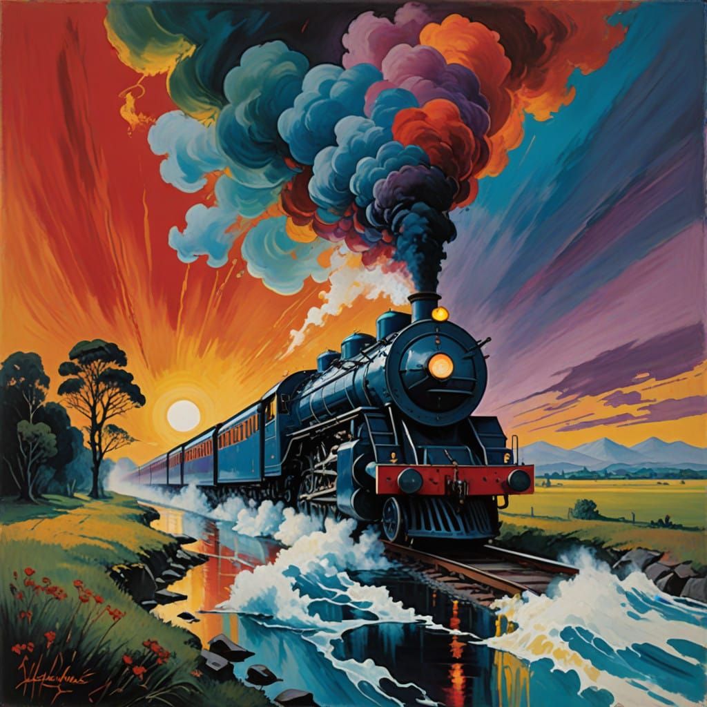 Surrealist Train Conquers River of Emotions in Vibrant, Whim...