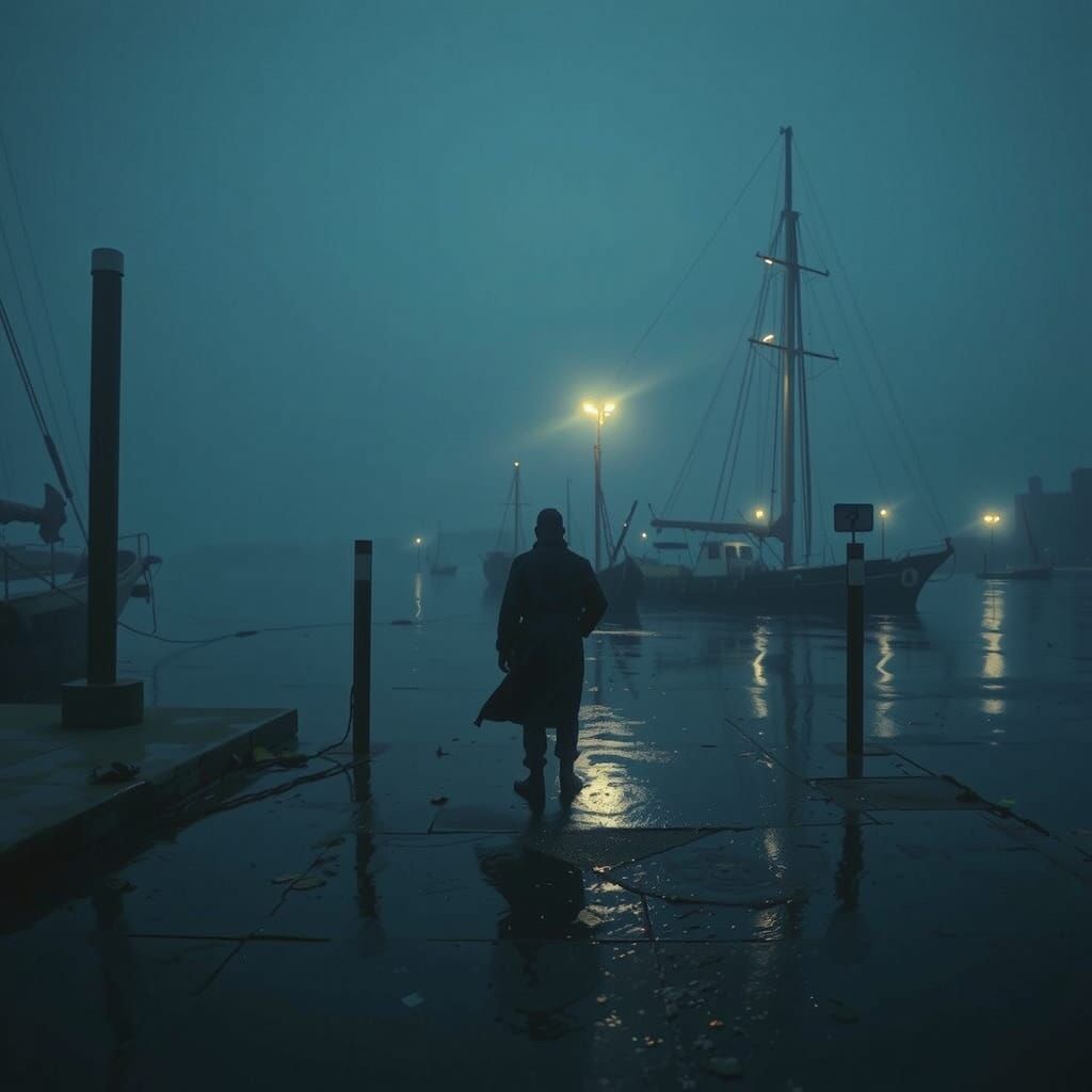 Gloomy Seaport Evening with Blurred Lights and Rain