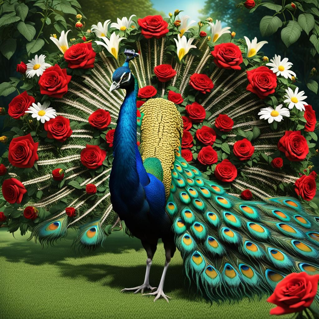 Vibrant Peacock in Lush Garden - Hyper-Realistic Digital Art