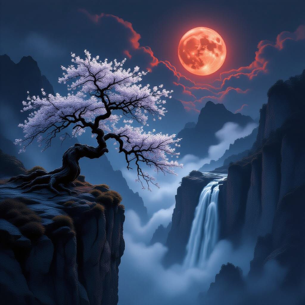 Ancient Sakura Tree by Crimson Moon and Waterfall