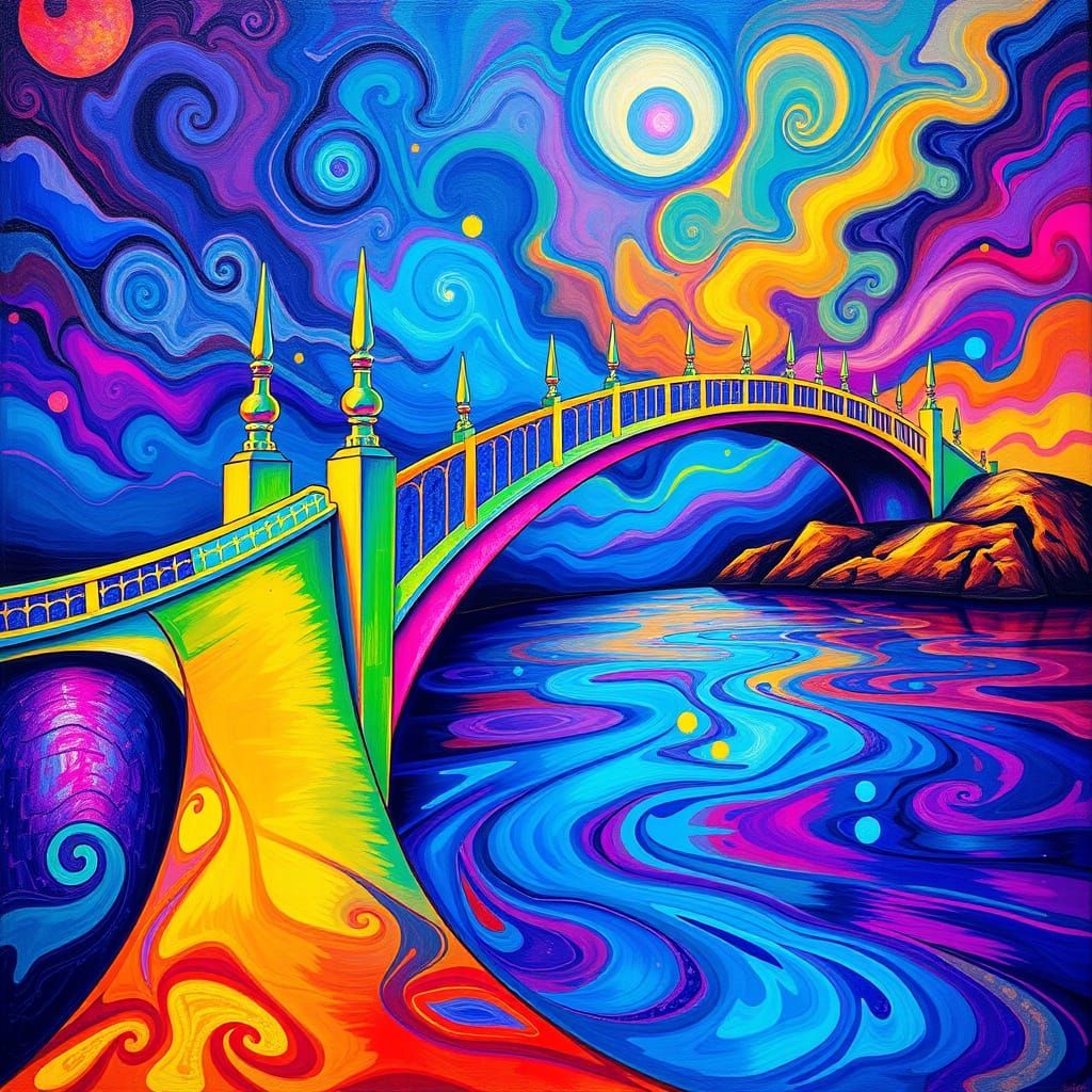 Surrealistic Bridge in Vibrant, Iridescent Colors