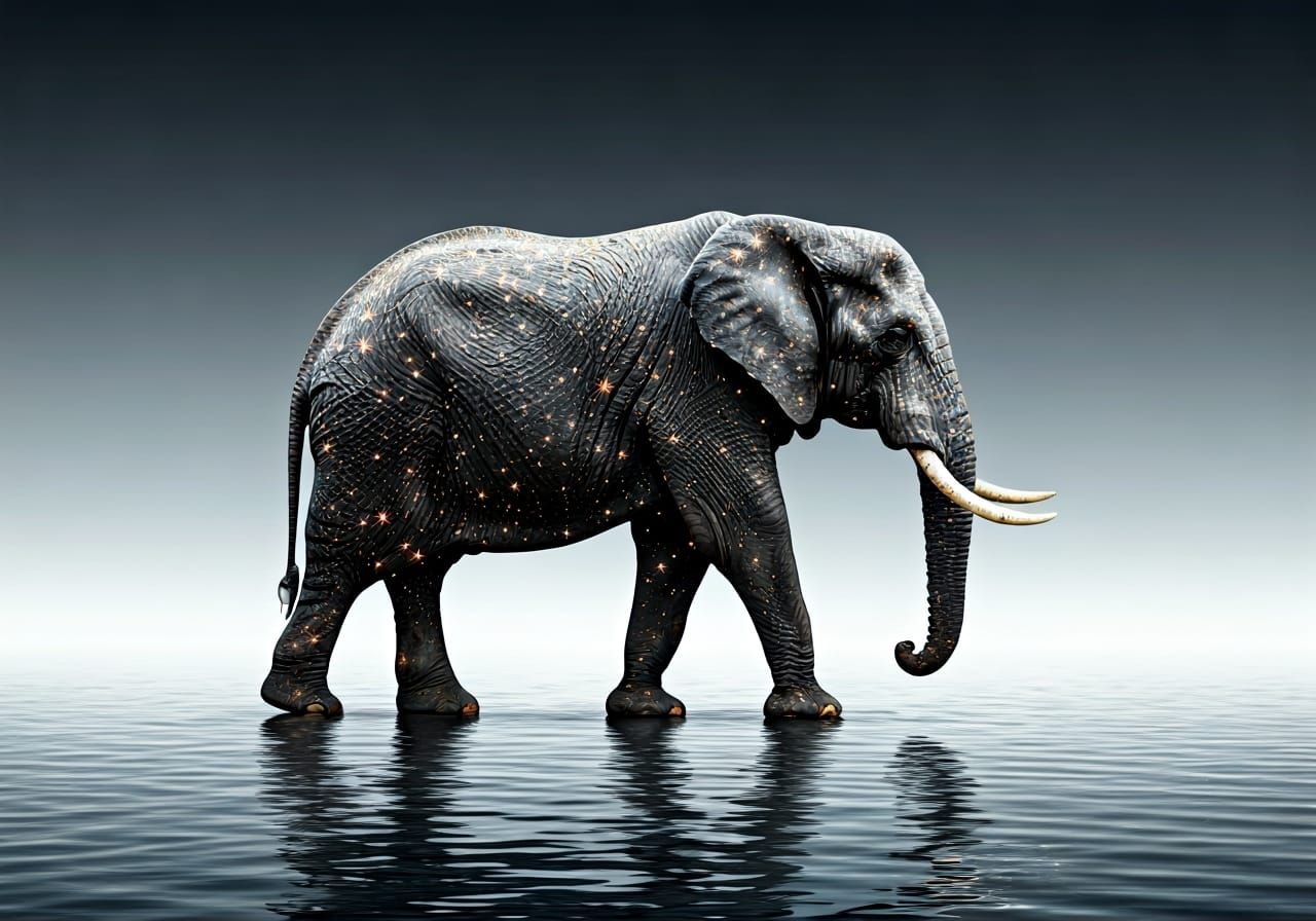 Starry Elephant Walking on Water: Futuristic Realism