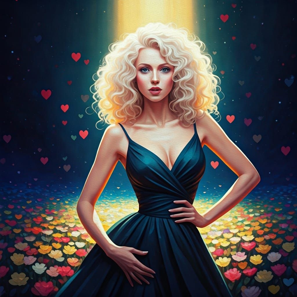 Platinum Blonde Lady in Flower Field, Impasto Oil Painting