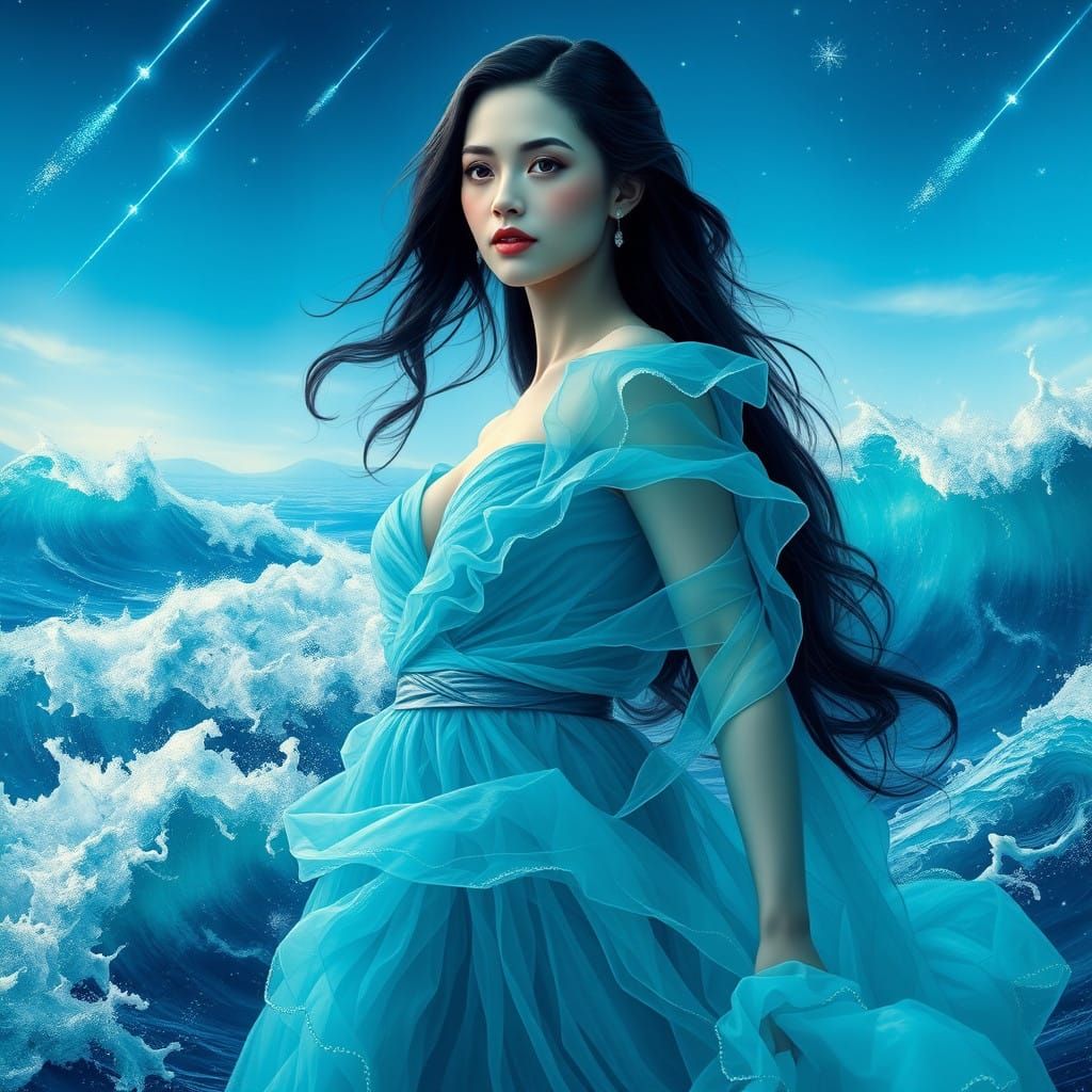 Goddess Emerging from Oceanic Waves in Ethereal Gown