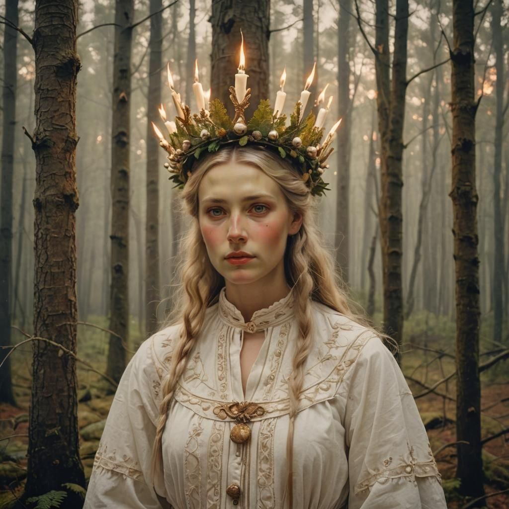 Swedish Lucia in Dark Forest, Painted Style