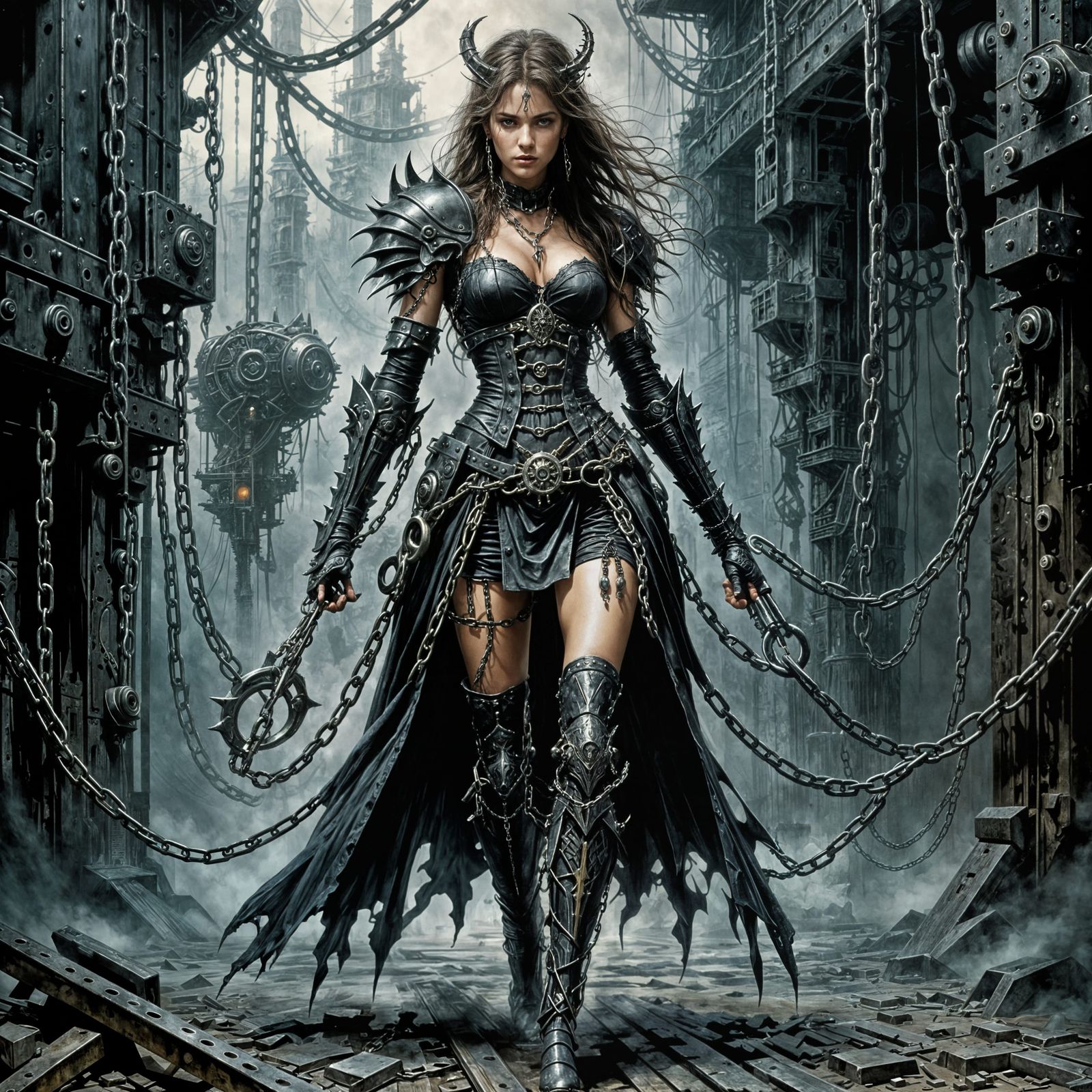 Dark Fantasy Masterpiece with Chains and Machinery