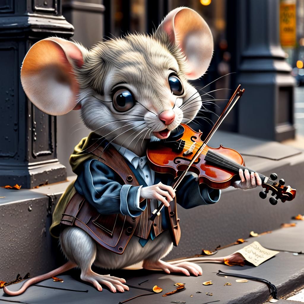 Mouse Violinist Begs for Alms in New York