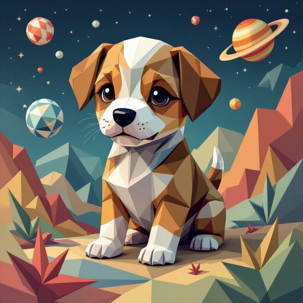 Puppy in Space: A Cubist Art Deco Rendering
