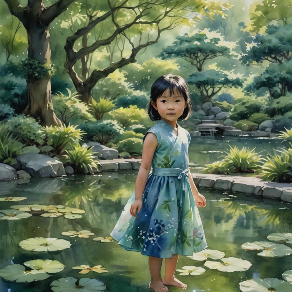 Asian Girl in Japanese Garden: Watercolor Concept Art