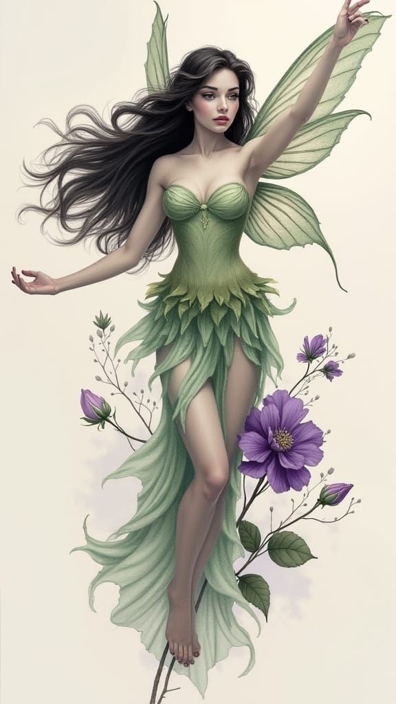 Sensual Fairy in Black and Grey Realism Tattoo Art