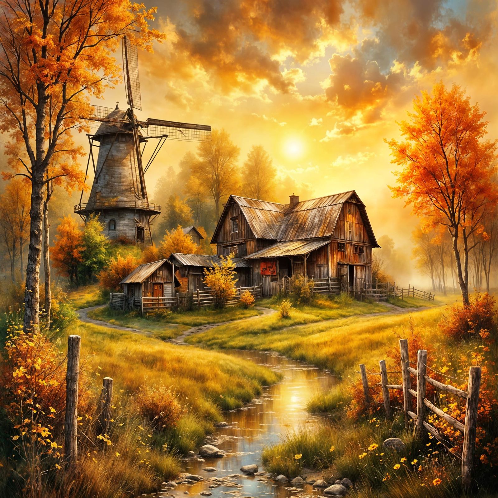 Autumn Farm Sunset with Windmills in Dreamscape Style