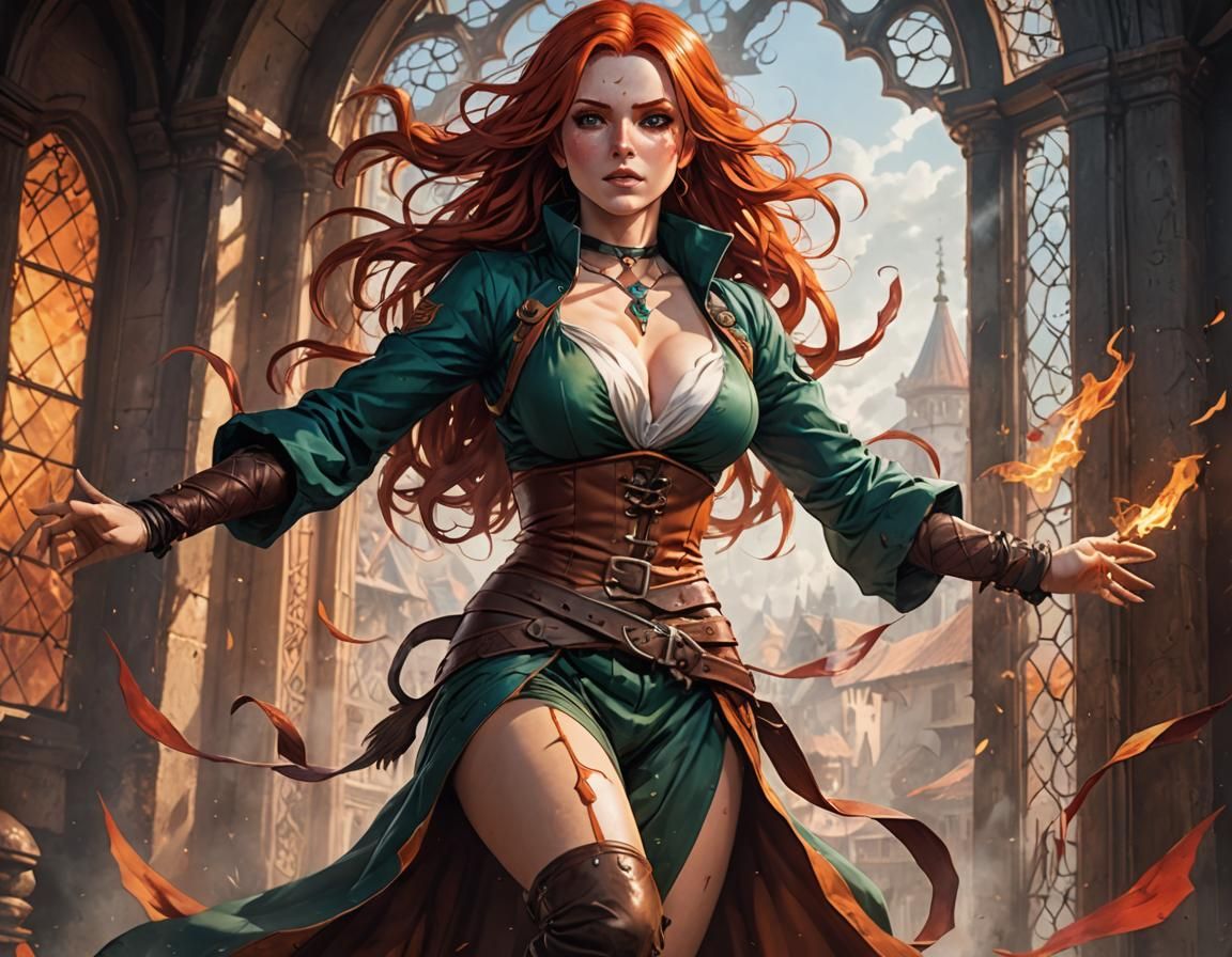 Sorceress in Floating Anime Illustration with Red Hair