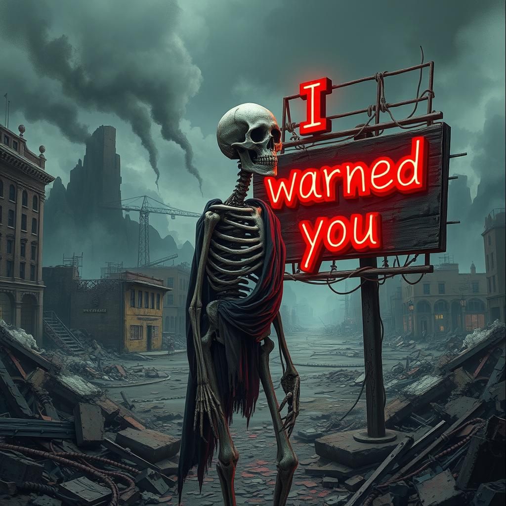 Apocalyptic Skeleton Gazing at Ominous Neon Sign