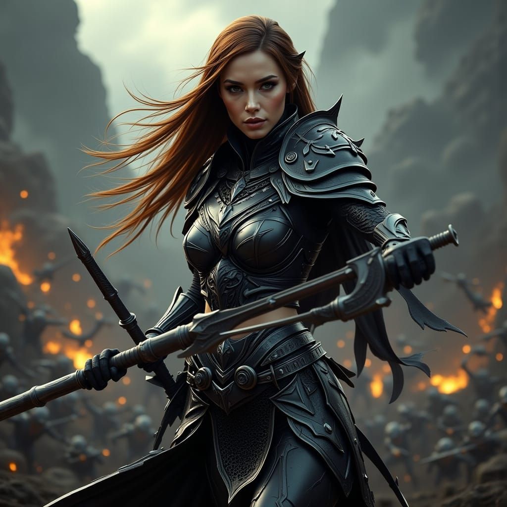 Mystic Battle: Armored Woman in a Landscape of Bloodshed