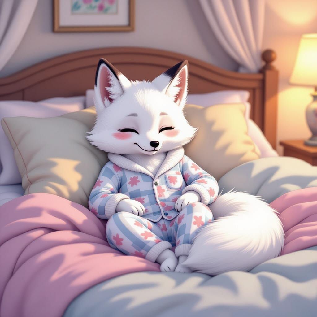 Relaxed White Fox in Pajamas, Cel-Shaded Style