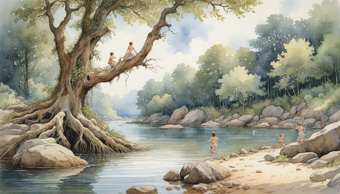 Summer Riverside Scene in Soft Realistic Style