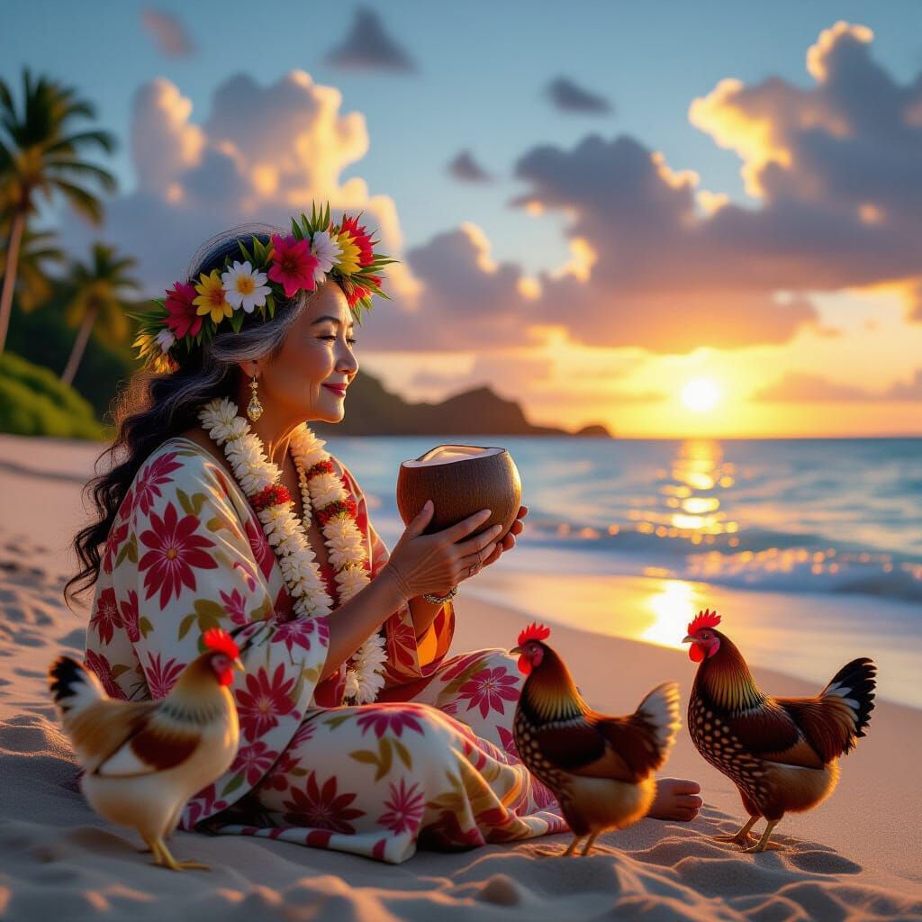 Hawaiian Woman Sips Coconut Water at Sunset