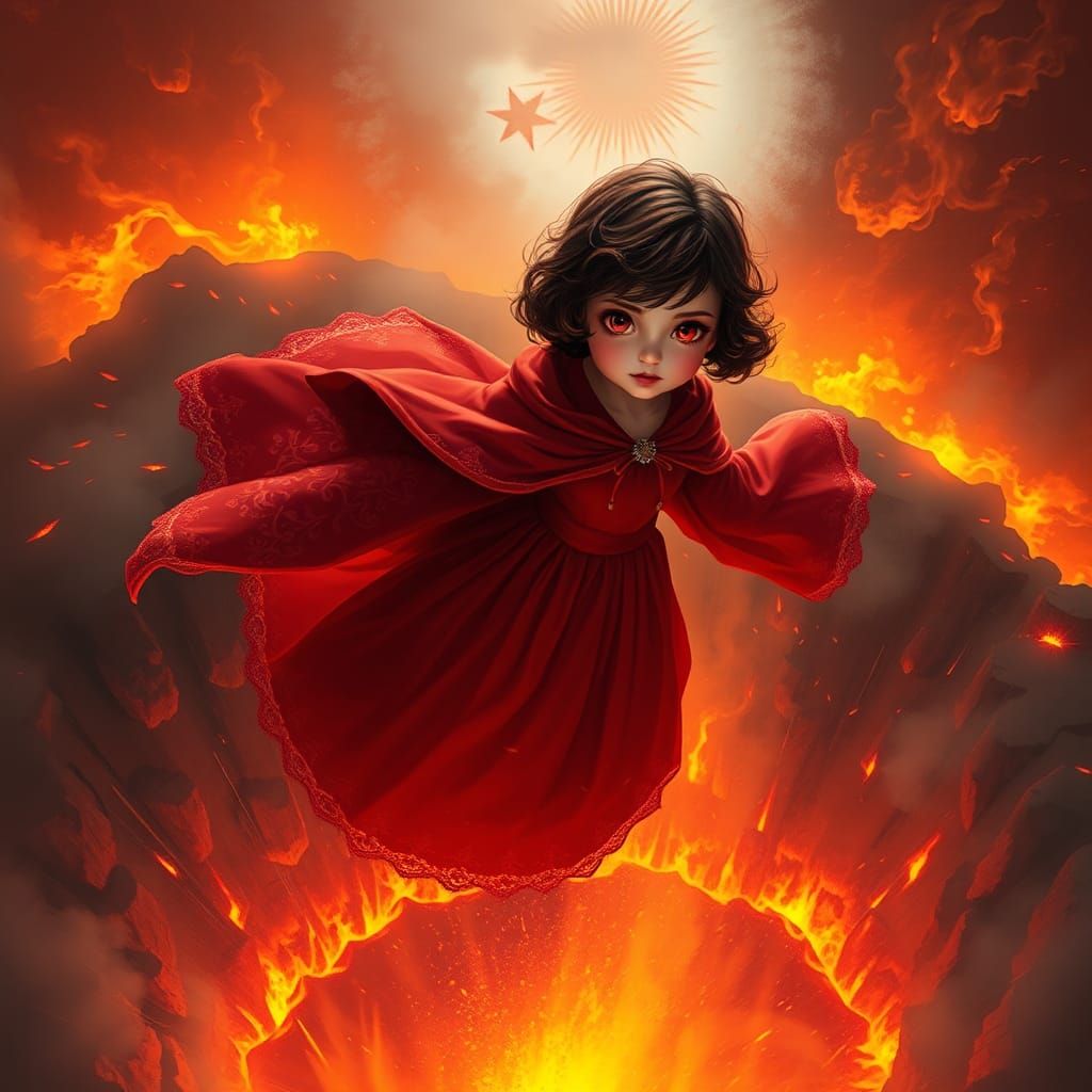Floating Girl Above Volcano in Fantasy Art Style