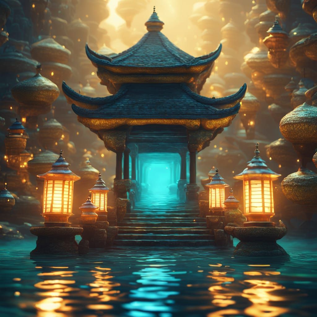 Underwater Pagoda with Lanterns: Surreal Oil Painting