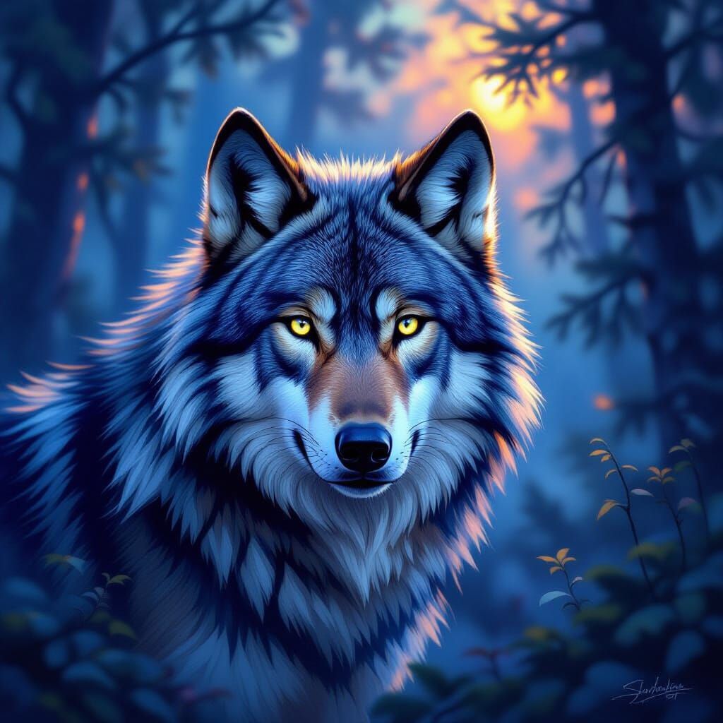 Majestic Wolf in Twilight Forest, Painterly Style