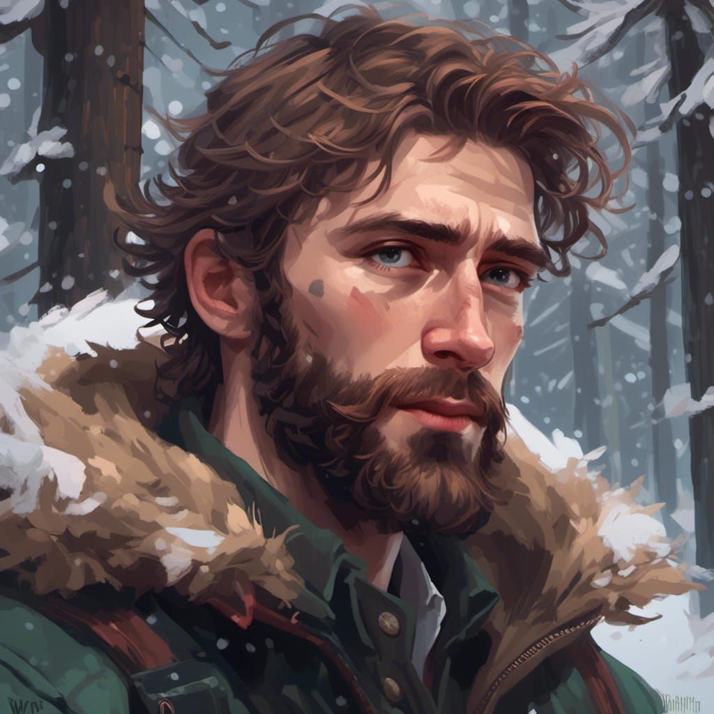 Young Man in Snowy Forest, Digital Art Portrait
