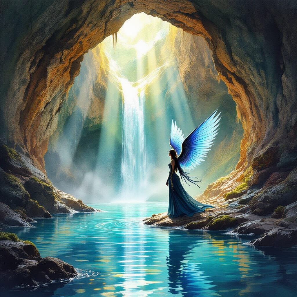 Cathedral Cavern with Winged Seraph in Watercolor