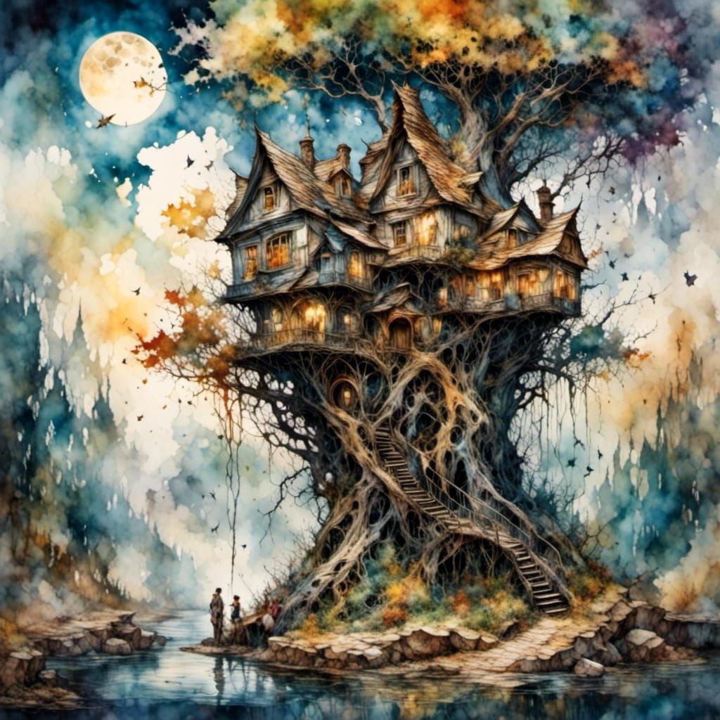 Fairies Building a Treehouse by a Brook