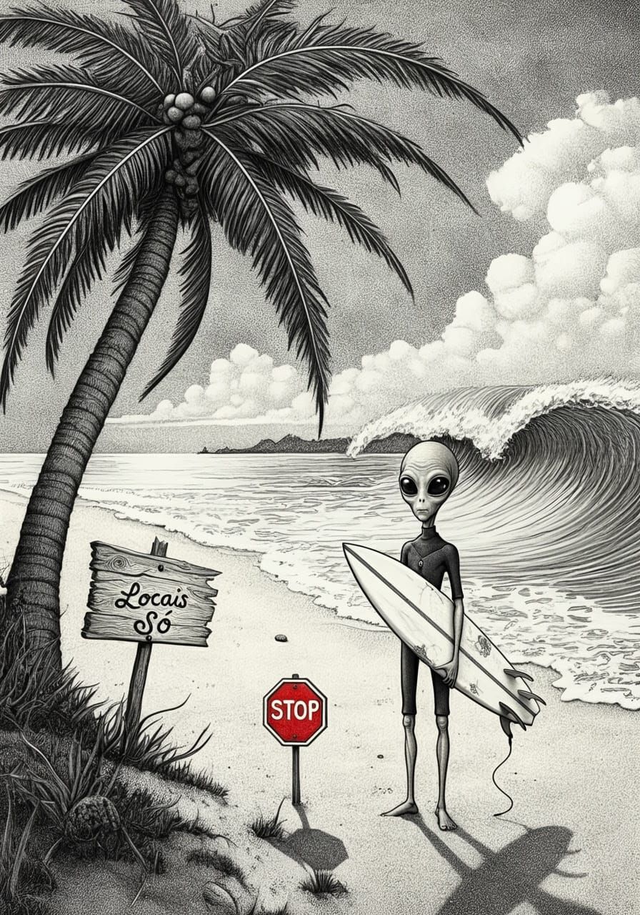 Surreal Beach Scene with Alien Surfer in Whimsical Ink Drawi...
