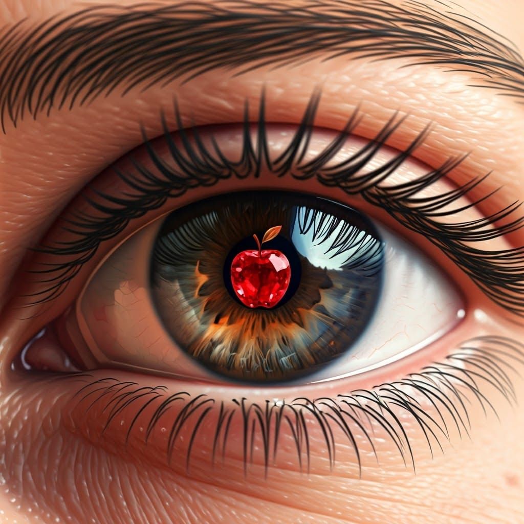 Ruby Red Apple Shines in a Woman's Hypnotic Eye