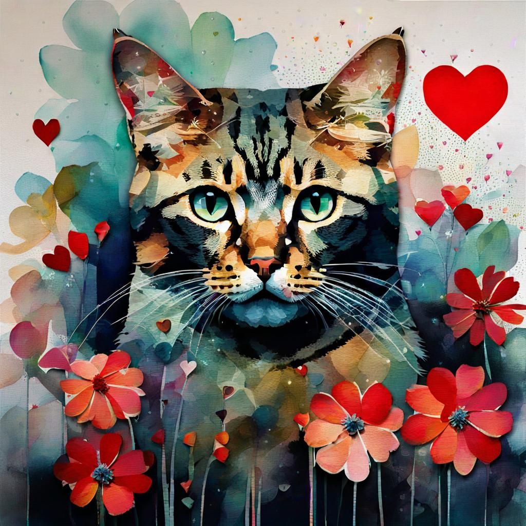 Cat on Pillow with Flowers in Portrait Style