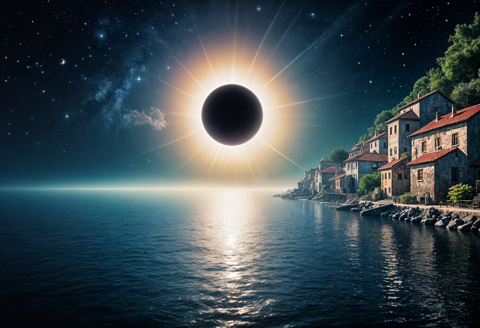 Ethereal Seaside Village During Solar Eclipse