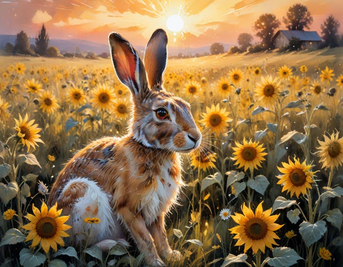 Hare in Sunflower Meadow: Watercolor Style