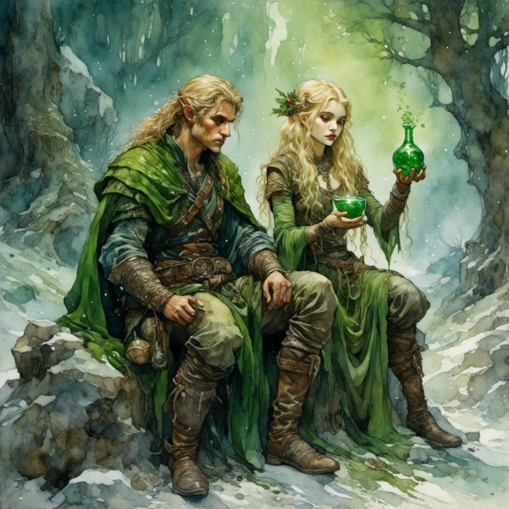 Halfling Druid Heals Wounded Ranger with Potion