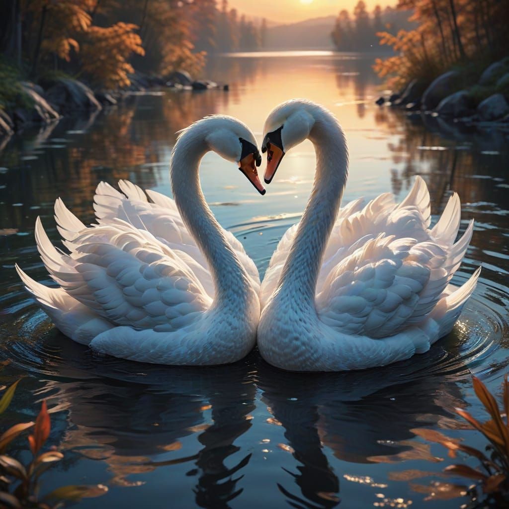 Surreal Swan Couple Forms Heart at Sunset in Anime Style